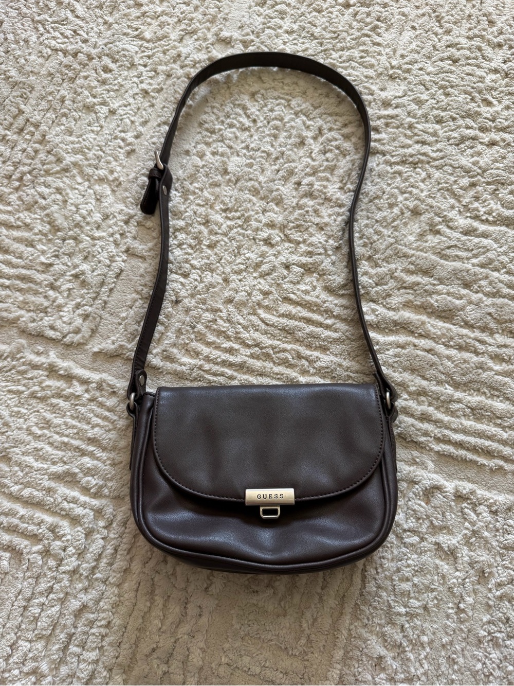 GUESS Dark Brown Leather Crossbody with Gold-Tone Logo Lock